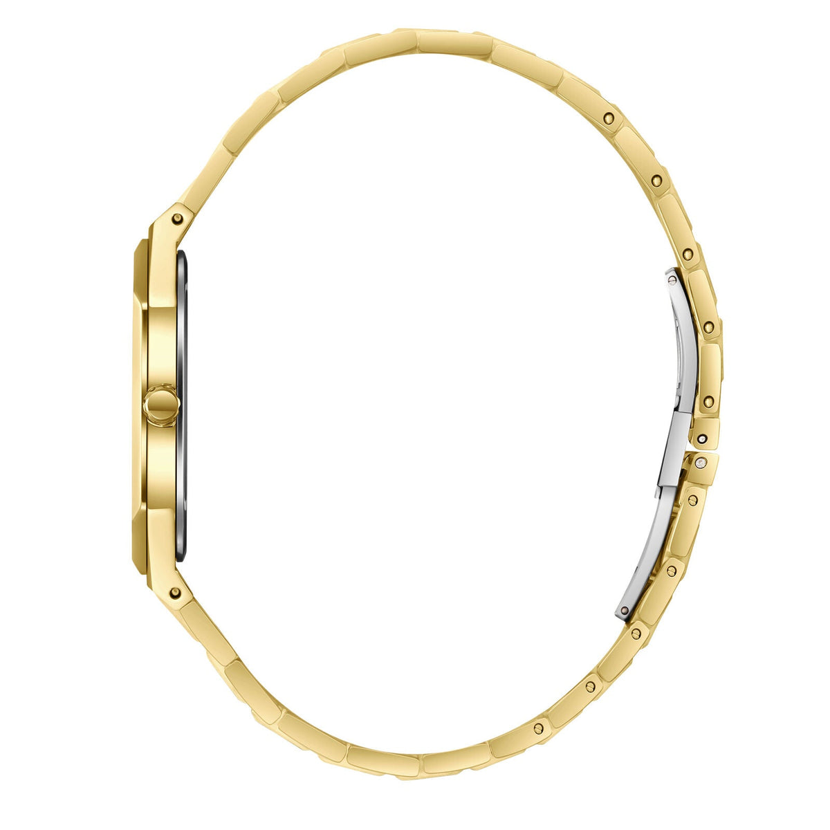 Gold bracelet side view with case profile and clasp detail