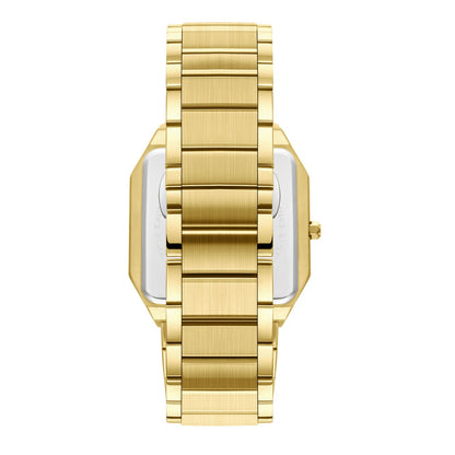 Gold link bracelet detail showing brushed finish and secure clasp