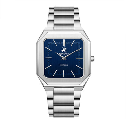 Beverly Hills Polo Club Slim Tech 5 square watch with blue dial and silver stainless steel bracelet
