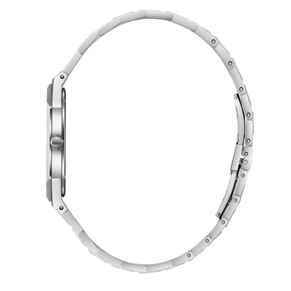 Side profile of Slim Tech 5 watch with silver stainless steel bracelet and crown detail