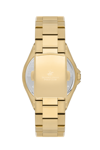 Gold caseback of Beverly Hills Polo Club watch with engraved branding
