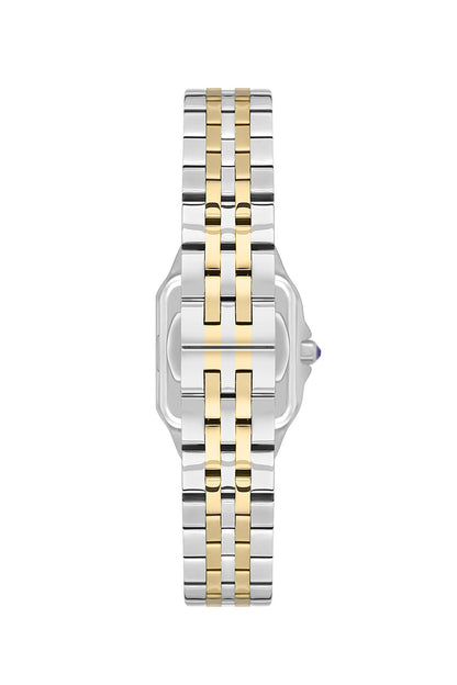 Beverly Hills Polo Club square watch angled view showing two-tone case and integrated bracelet