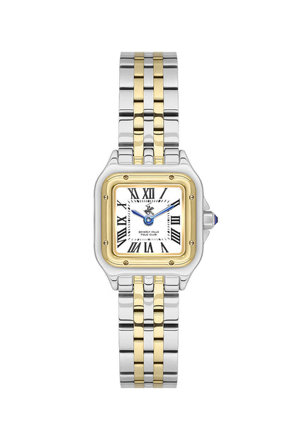 Beverly Hills Polo Club two-tone square watch with Roman numeral white dial and steel-gold bracelet