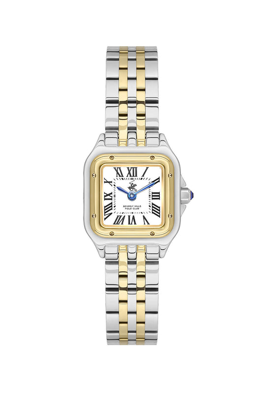 Beverly Hills Polo Club two-tone square watch with Roman numeral white dial and steel-gold bracelet