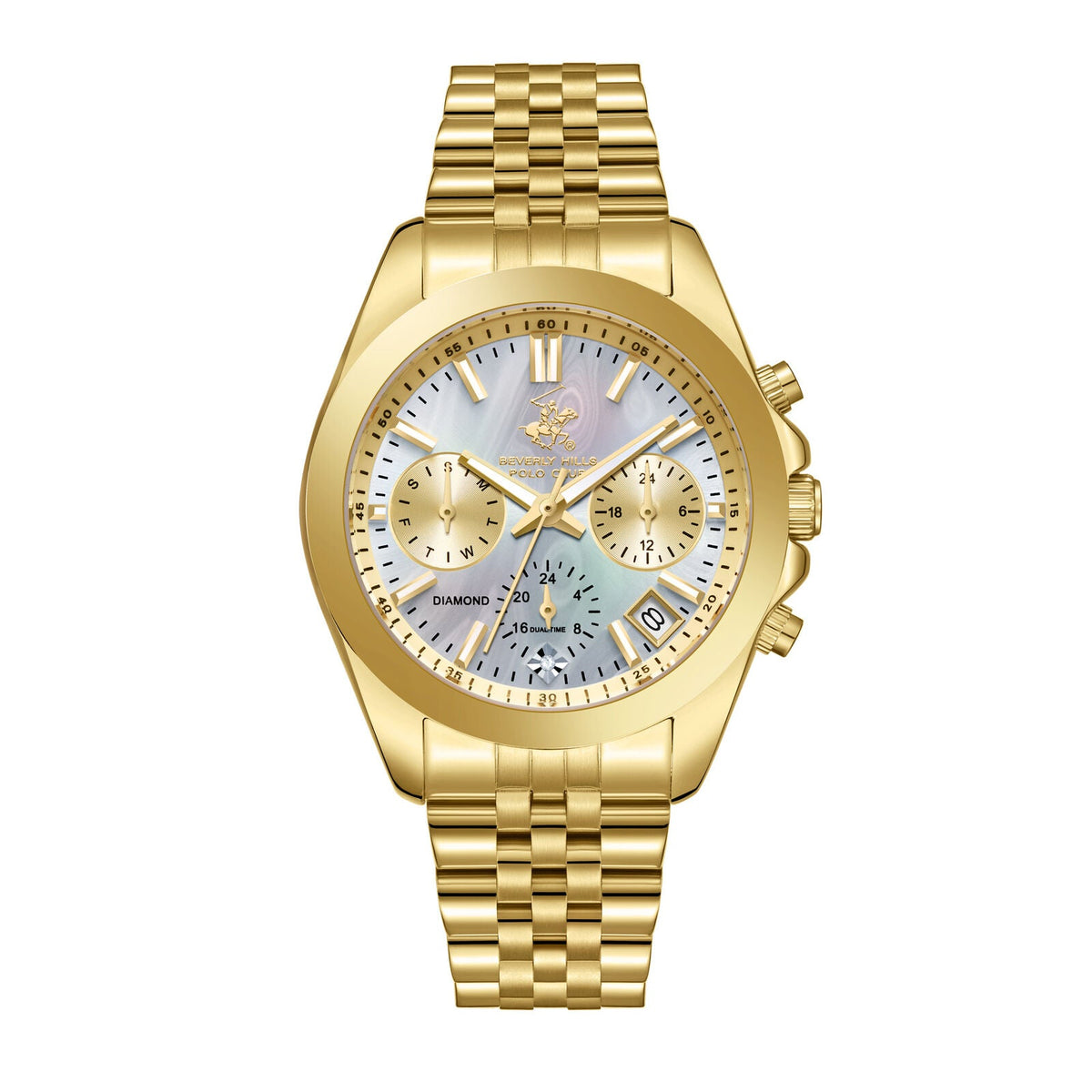 Beverly Hills Polo Club Multi-Function Mother Pearl Gold Diamond Watch BP3656C.120