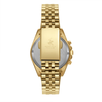 Side view of gold chronograph watch showing case profile and bracelet