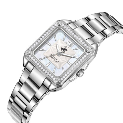 Silver square watch with diamond bezel, silver bracelet, and white dial with Roman numerals