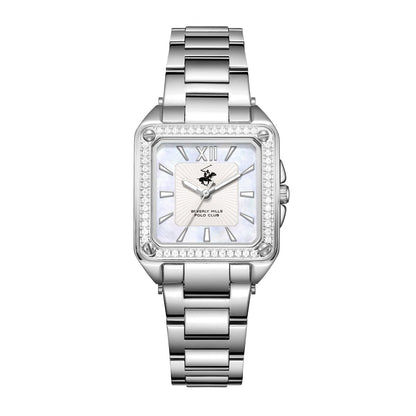 Beverly Hills Polo Club silver square watch with diamond bezel and Roman numeral dial