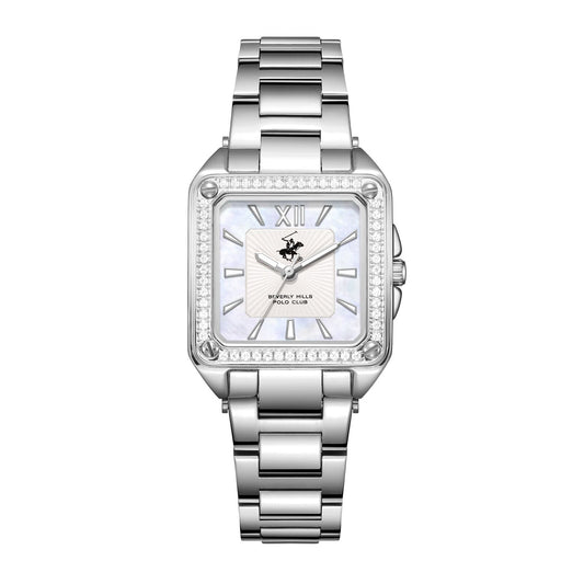 Beverly Hills Polo Club silver square watch with diamond bezel and Roman numeral dial