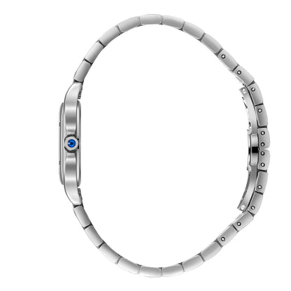 Silver bracelet watch shown from side with blue crown detail visible