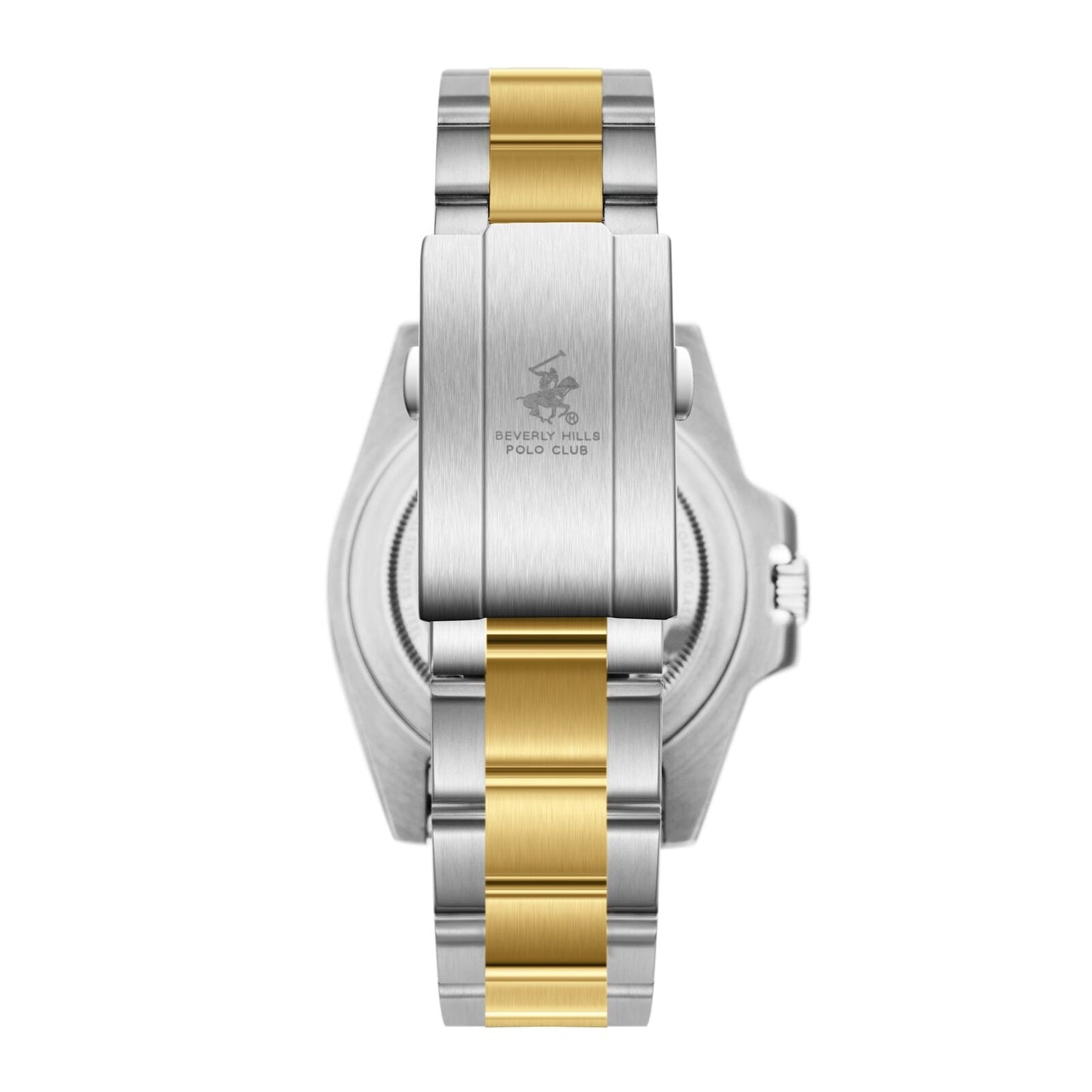 Caseback of Beverly Hills Polo Club two-tone watch with engraved branding