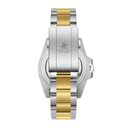 Caseback of Beverly Hills Polo Club two-tone watch with engraved branding