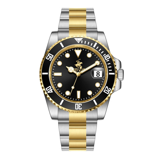 Beverly Hills Polo Club two-tone black dial watch with date window, gold and silver stainless steel