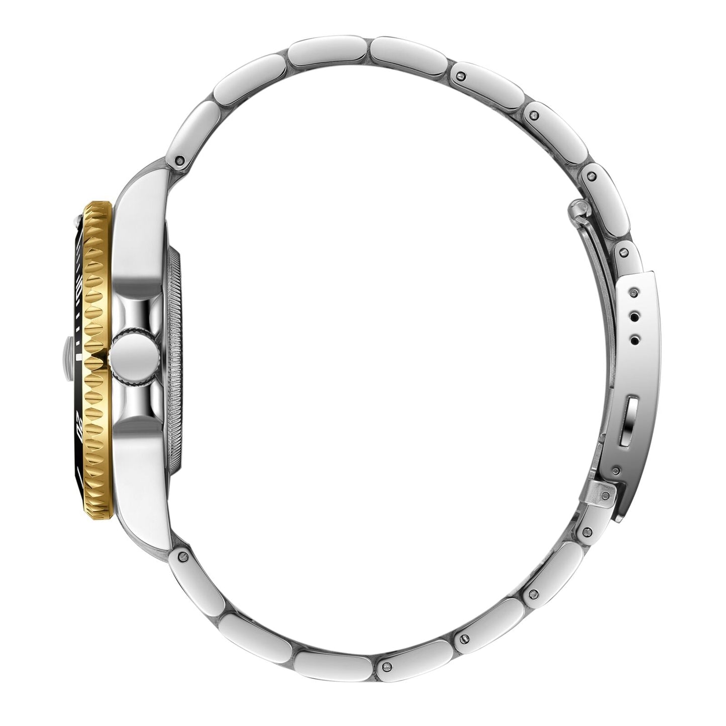 Side view of Beverly Hills Polo Club two-tone watch showing case profile and bracelet