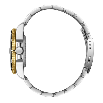 Side view of Beverly Hills Polo Club two-tone watch showing case profile and bracelet