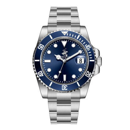 Beverly Hills Polo Club BP3791X watch with blue dial, white hour markers, date window, and silver stainless steel bracelet