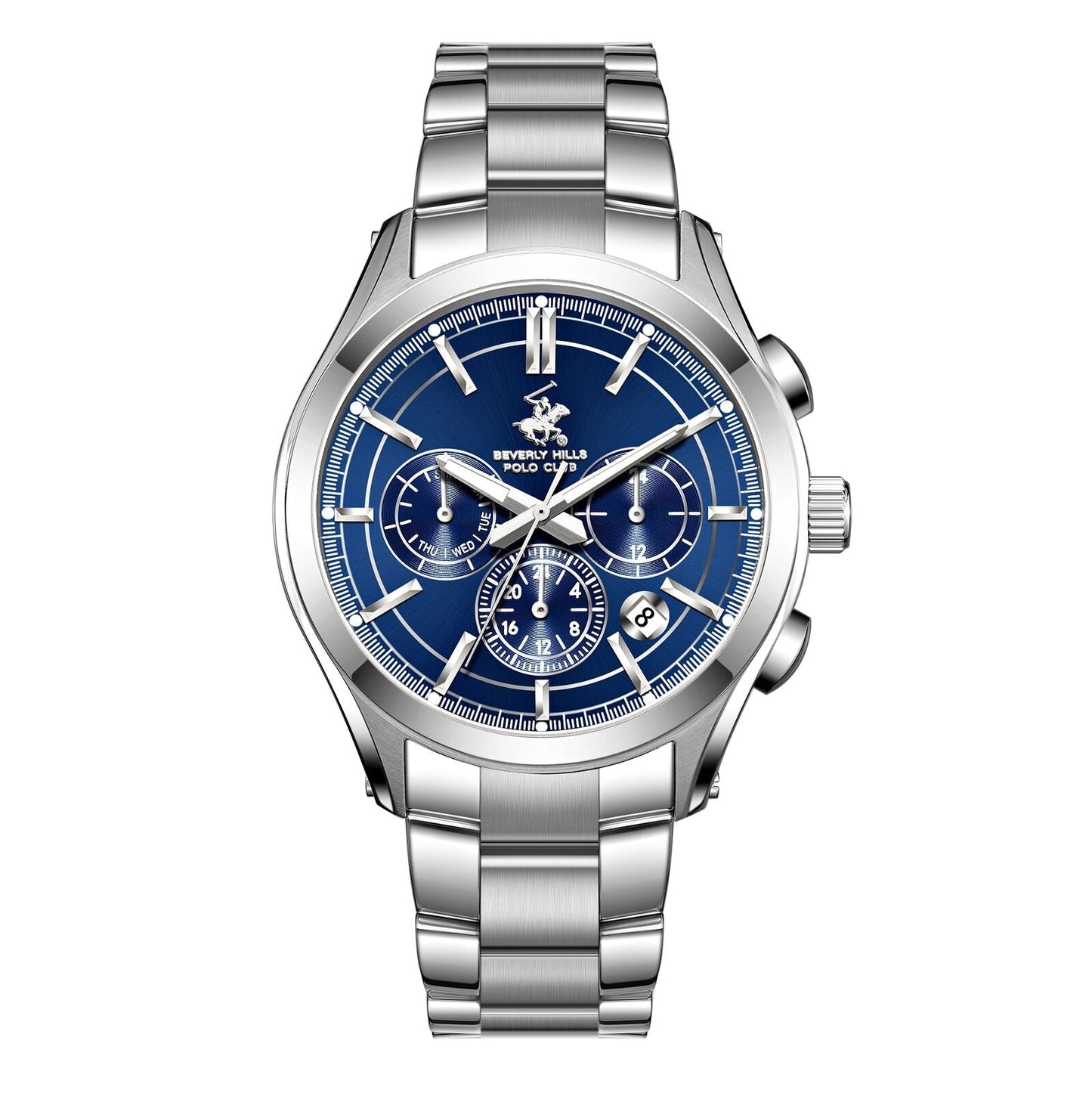 Beverly Hills Polo Club silver multifunction watch with blue dial and chronograph subdials