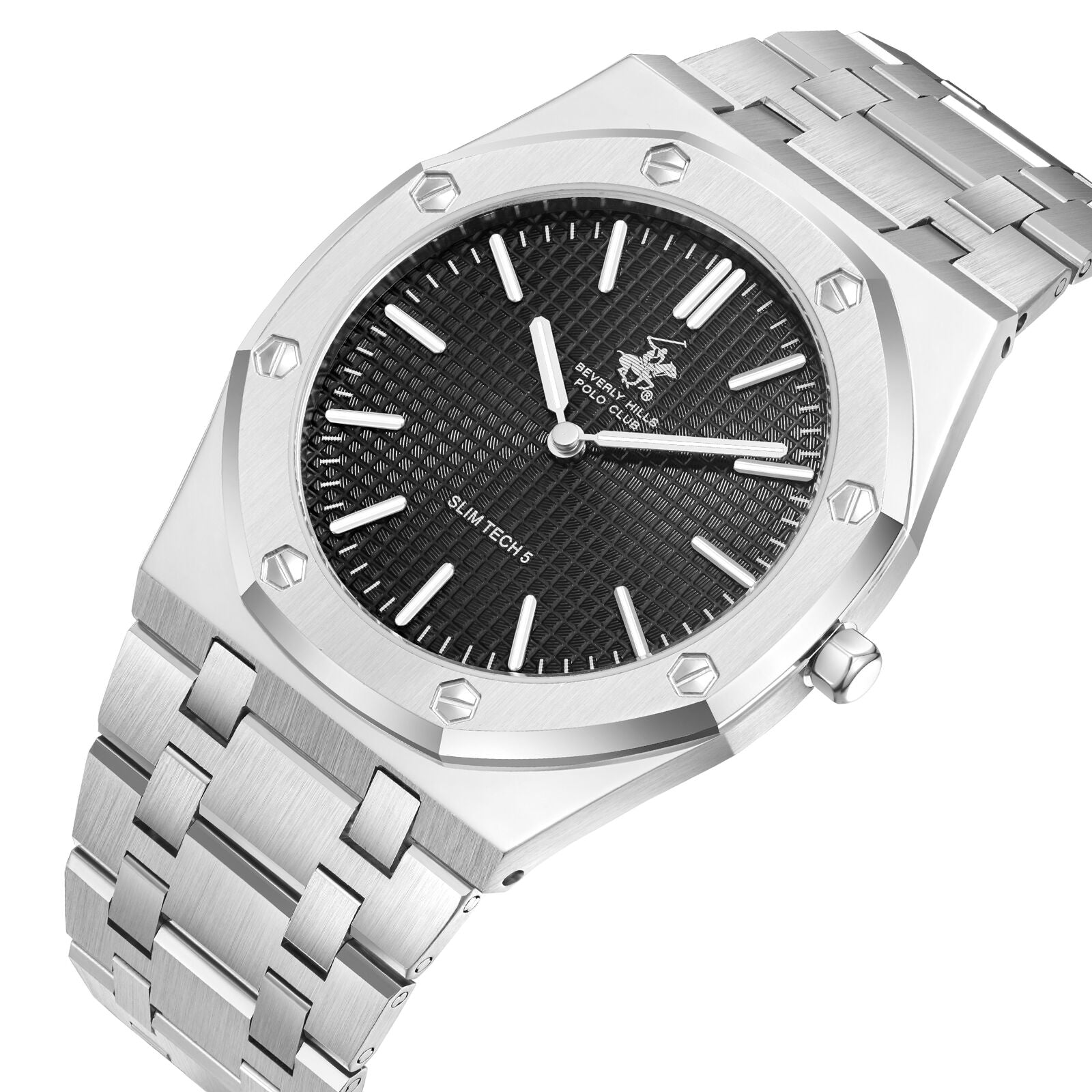 Beverly Hills Polo Club Slim Tech 5 watch angled view showing silver case and black dial