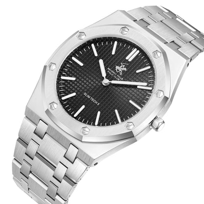 Beverly Hills Polo Club Slim Tech 5 watch angled view showing silver case and black dial