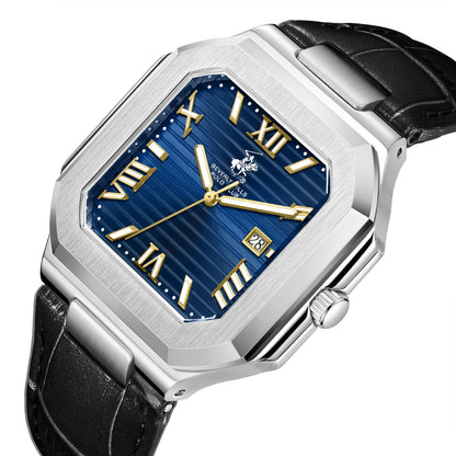 Beverly Hills Polo Club watch angle view showing blue dial, gold Roman numerals, and black leather strap