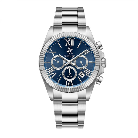 Beverly Hills Polo Club BP3874X.390 watch with blue dial, silver chronograph subdials, and silver stainless steel bracelet