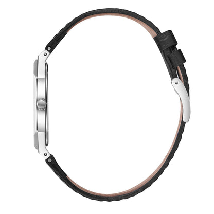 Side profile of Slim Tech 5 watch showing stainless steel case and black leather strap