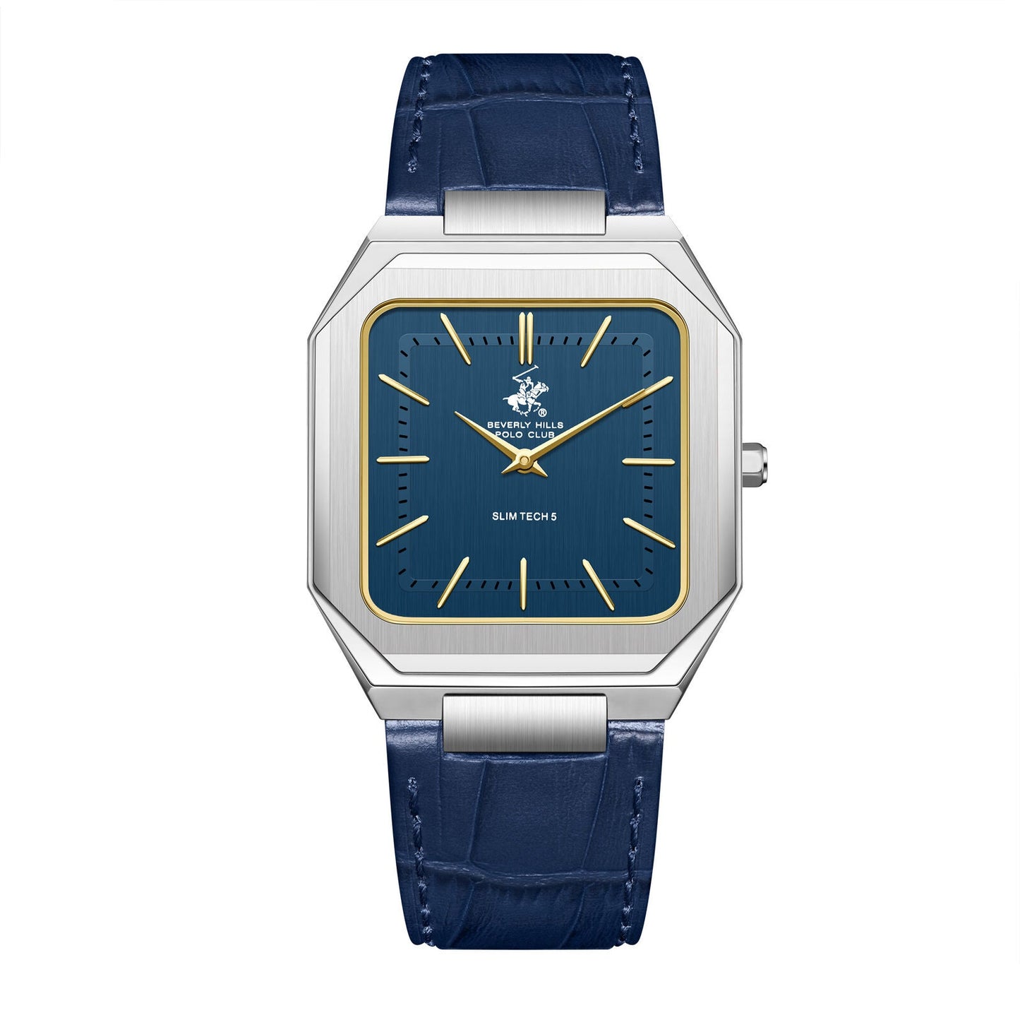 Beverly Hills Polo Club Slim Tech 5 blue dial silver watch with gold accents and navy leather strap