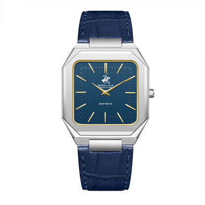 Beverly Hills Polo Club Slim Tech 5 blue dial silver watch with gold accents and navy leather strap