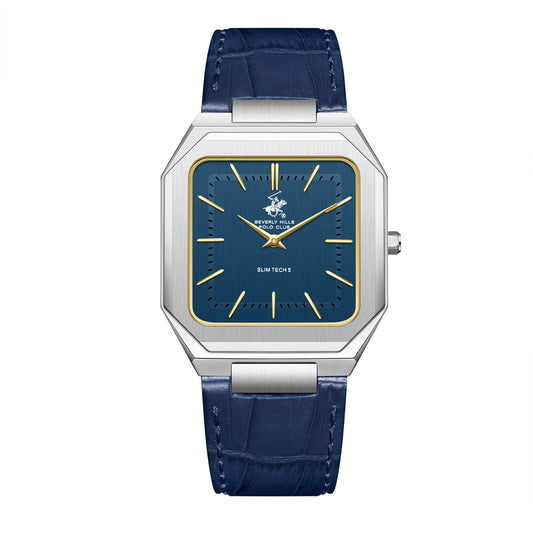 Beverly Hills Polo Club Slim Tech 5 blue dial silver watch with gold accents and navy leather strap