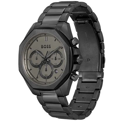 BOSS 1514016 chronograph watch three-quarter view showing black steel case and matching bracelet
