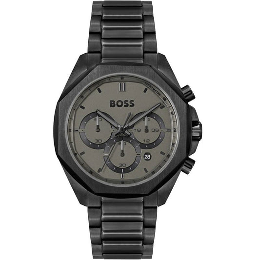 BOSS chronograph men's watch with black steel case and grey dial featuring three subdials