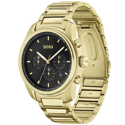 Hugo BOSS Trace watch side profile showing gold case and stainless steel bracelet