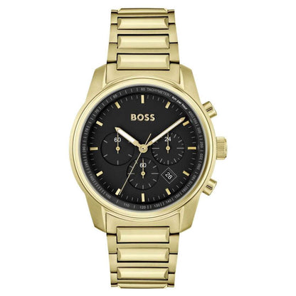 Hugo BOSS Trace chronograph watch with gold case, black dial, and gold bracelet
