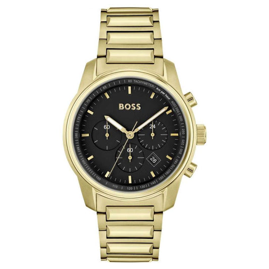 Hugo BOSS Trace chronograph watch with gold case, black dial, and gold bracelet