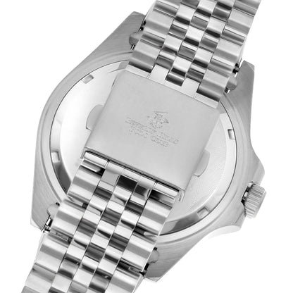 Caseback of BP3126X.390 Beverly Hills Polo Club watch with stainless steel engraved plate and bracelet