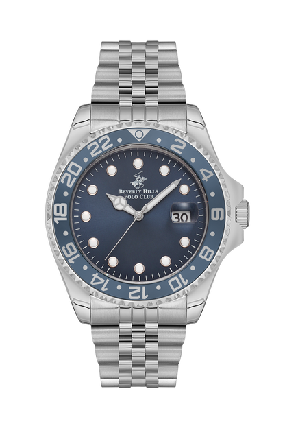 Beverly Hills Polo Club BP3126X.390 men's watch with dark blue dial, silver-tone stainless steel case and bracelet, date window, and bezel