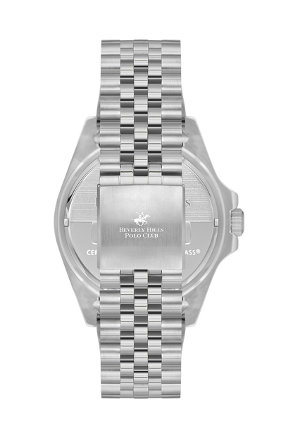 BP3126X.390 Beverly Hills Polo Club waterproof watch worn, displaying silver bracelet and dark blue dial