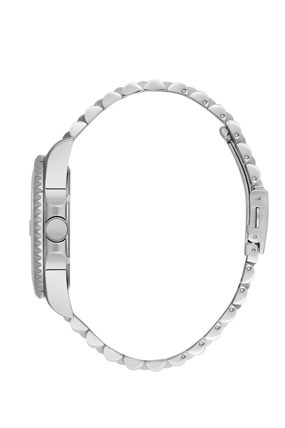 Side view of BP3126X.390 watch showing silver-tone stainless steel three-link bracelet and case profile