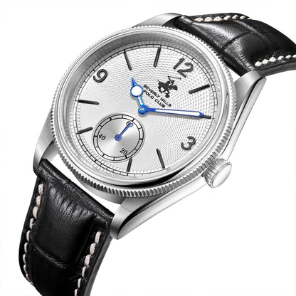 Beverly Hills Polo Club watch showing angle view with blue hands and subdial detail