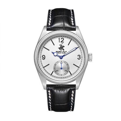 Beverly Hills Polo Club silver stainless steel watch with white dial and black leather strap