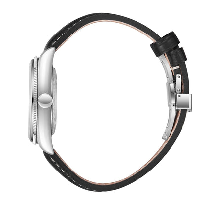 Beverly Hills Polo Club watch side view showing silver case and black leather strap with white stitching