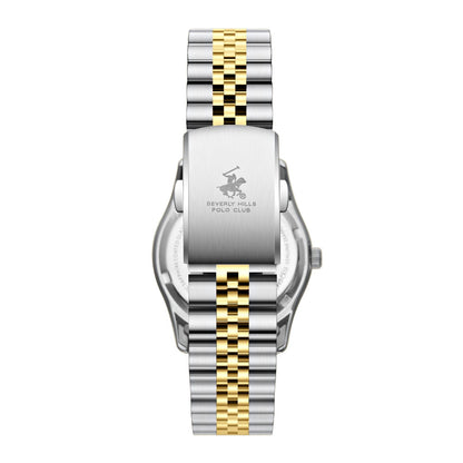 Beverly Hills Polo Club watch caseback showing two-tone bracelet and engraved back