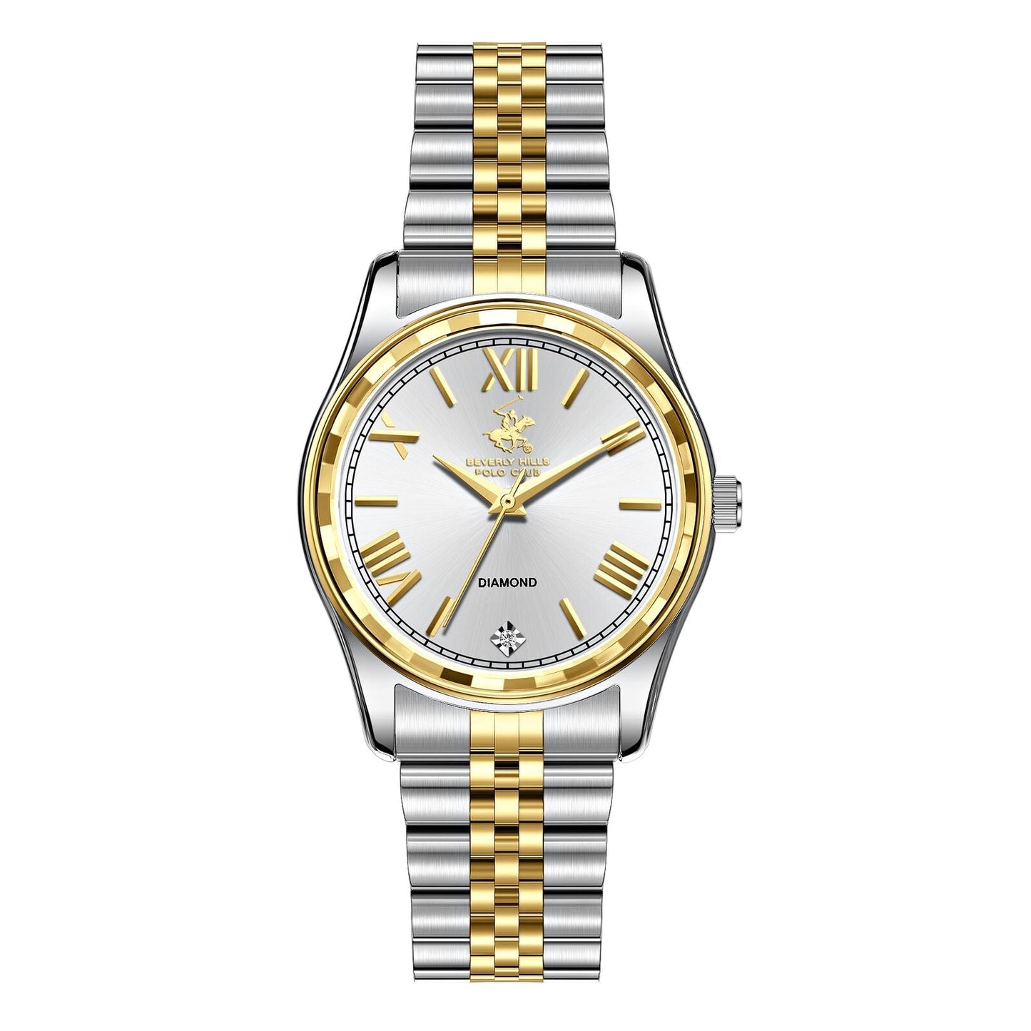 Beverly Hills Polo Club two-tone diamond watch with white dial and Roman numerals