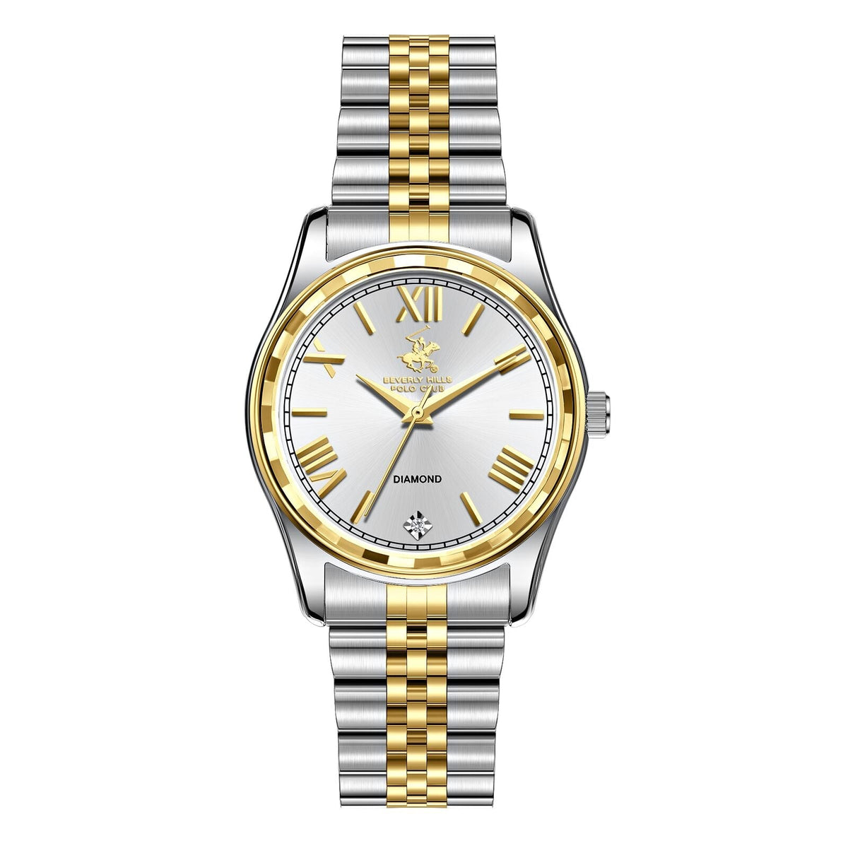 Beverly Hills Polo Club two-tone diamond watch with white dial and Roman numerals