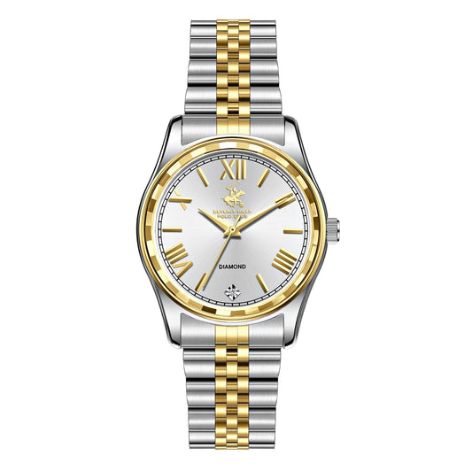 Beverly Hills Polo Club two-tone diamond watch with white dial and Roman numerals