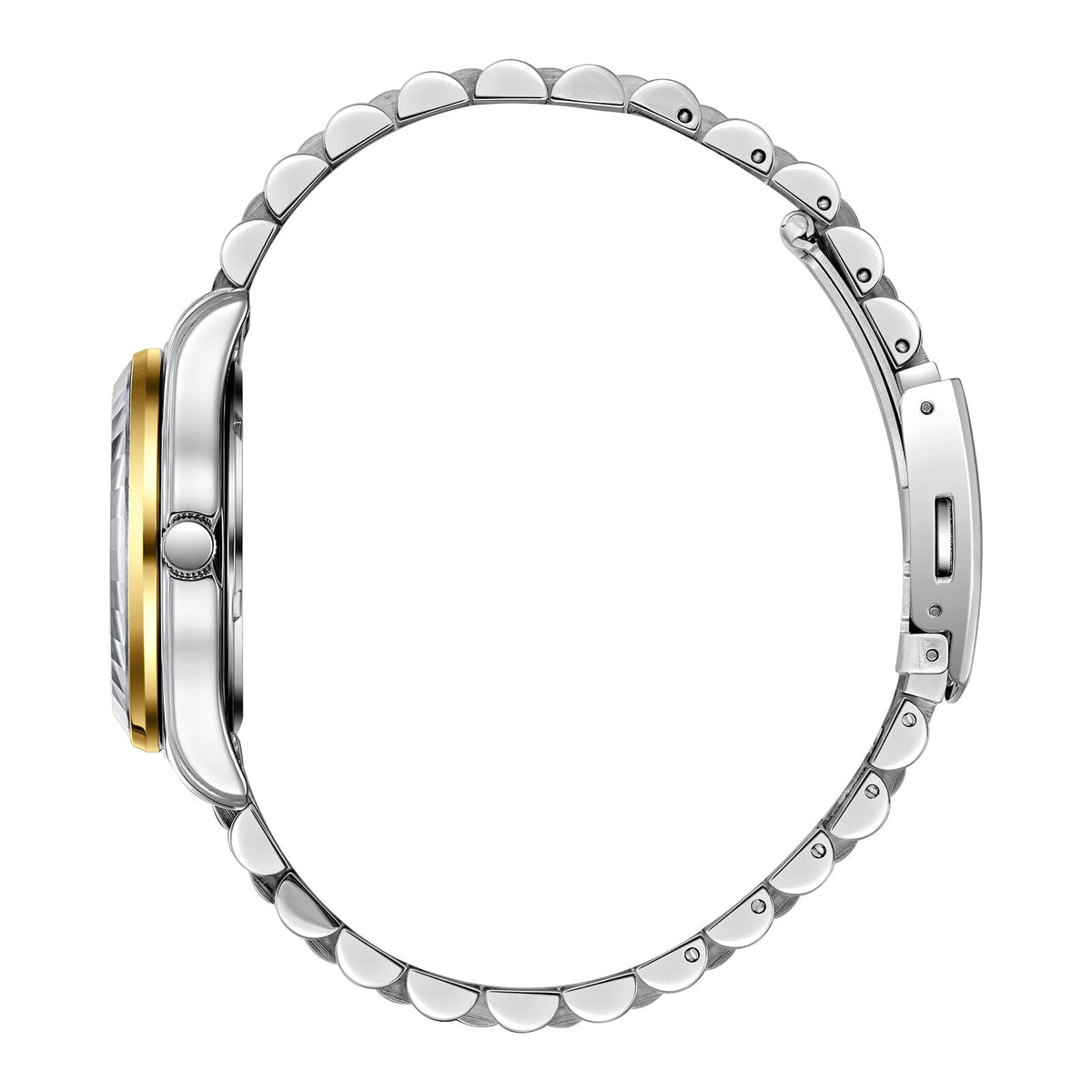 Side view of Beverly Hills Polo Club two-tone bracelet with stainless steel and gold