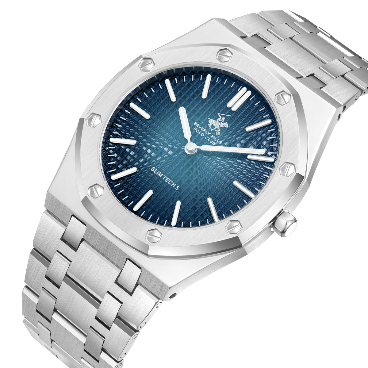 Slim Tech 5 watch three-quarter view showing silver tonneau case and bracelet