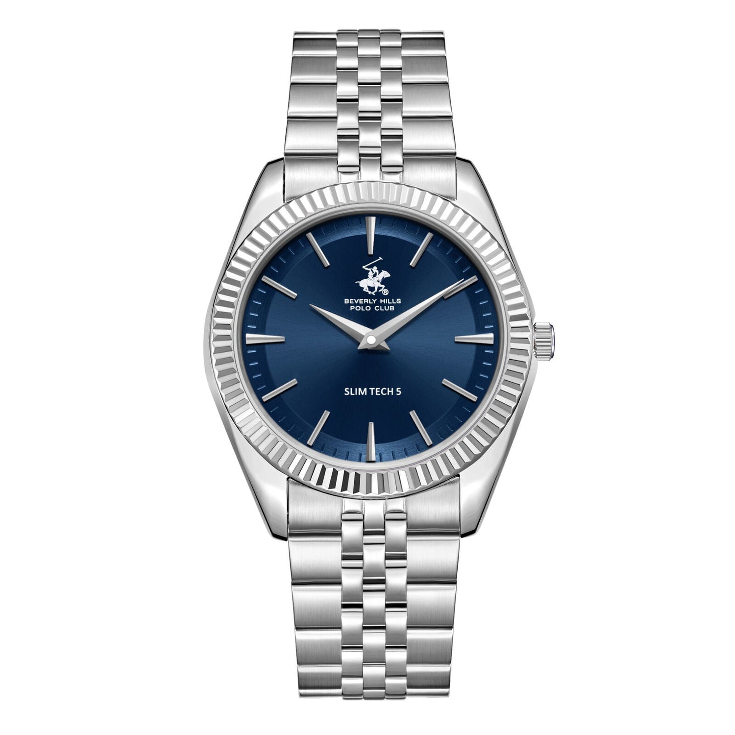 Beverly Hills Polo Club Slim Tech 5 silver watch with blue dial and fluted bezel