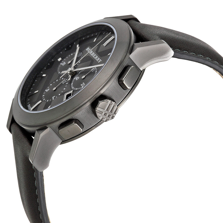 Burberry chronograph watch side angle view showing dark grey leather strap and case profile