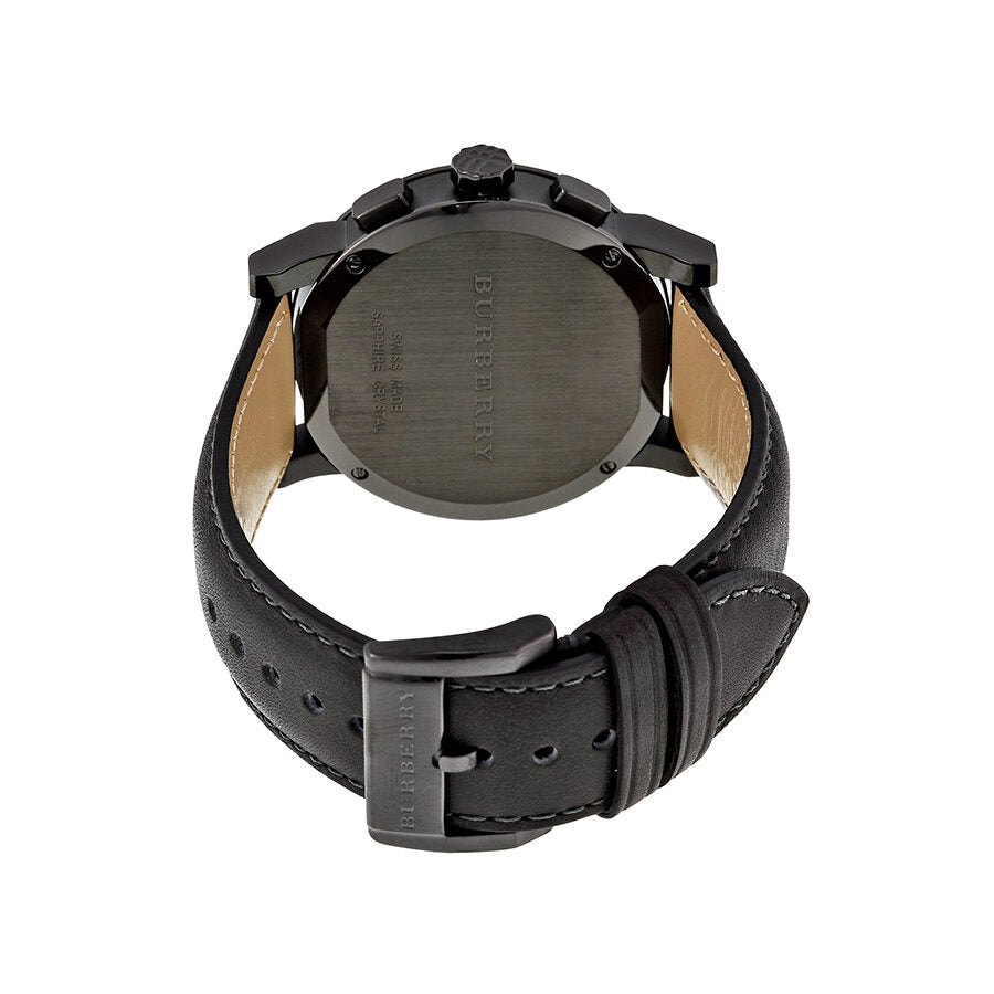 Burberry chronograph watch caseback showing dark grey leather strap and buckle closure